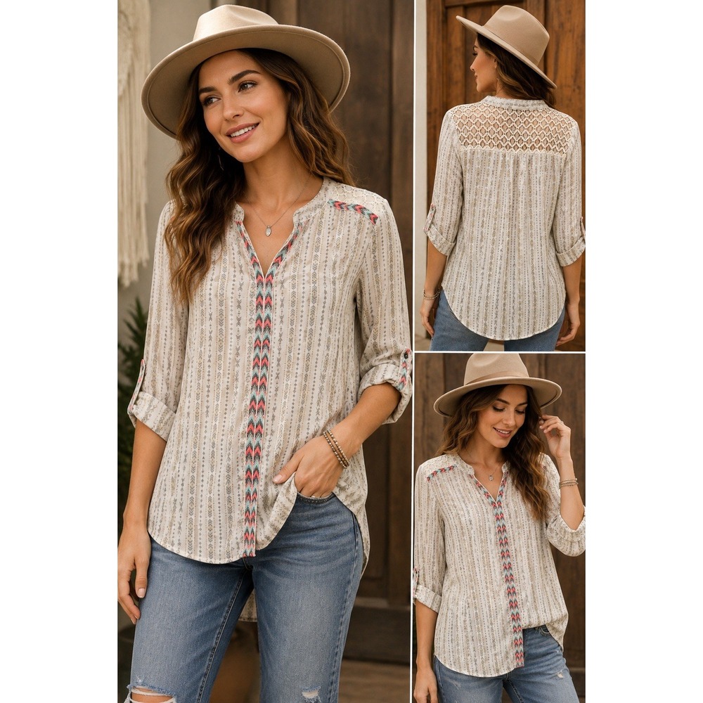 Rock & Roll Cowgirl Boho Crochet Lace Yoke Blouse Aztec Print Large Western